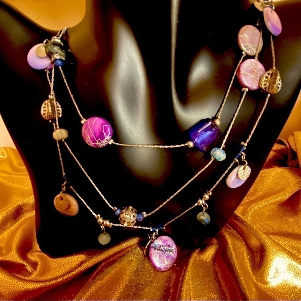 Necklace - 3 strand silver tone metal box chain with silver, purple & blue beads